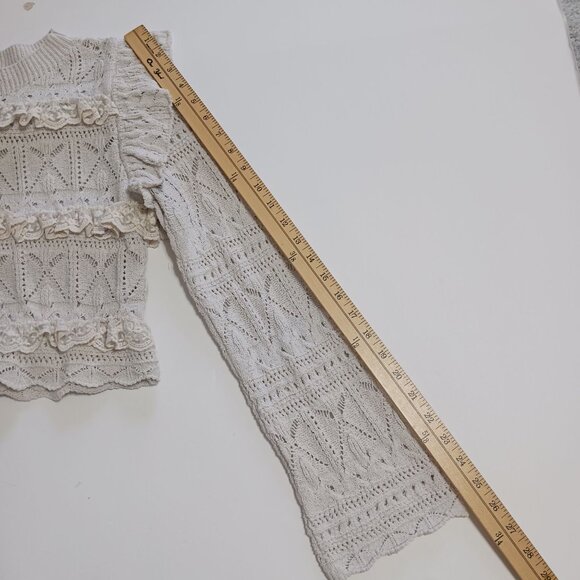 Zara Pointelle Ruffled Knit Top Sweater Size Small Ecru Cream Lace Trim Coquette - Picture 12 of 12